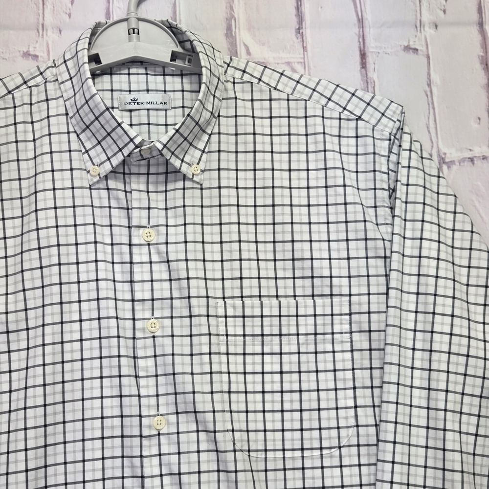 Peter Millar Button Down Dress Shirt White Black Tattersall Plaid Stretch Mens L